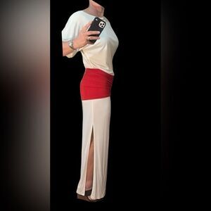 Jackie Rogers Grecian Style Cream maxi Dress, red waist band, neck tie, Medium
